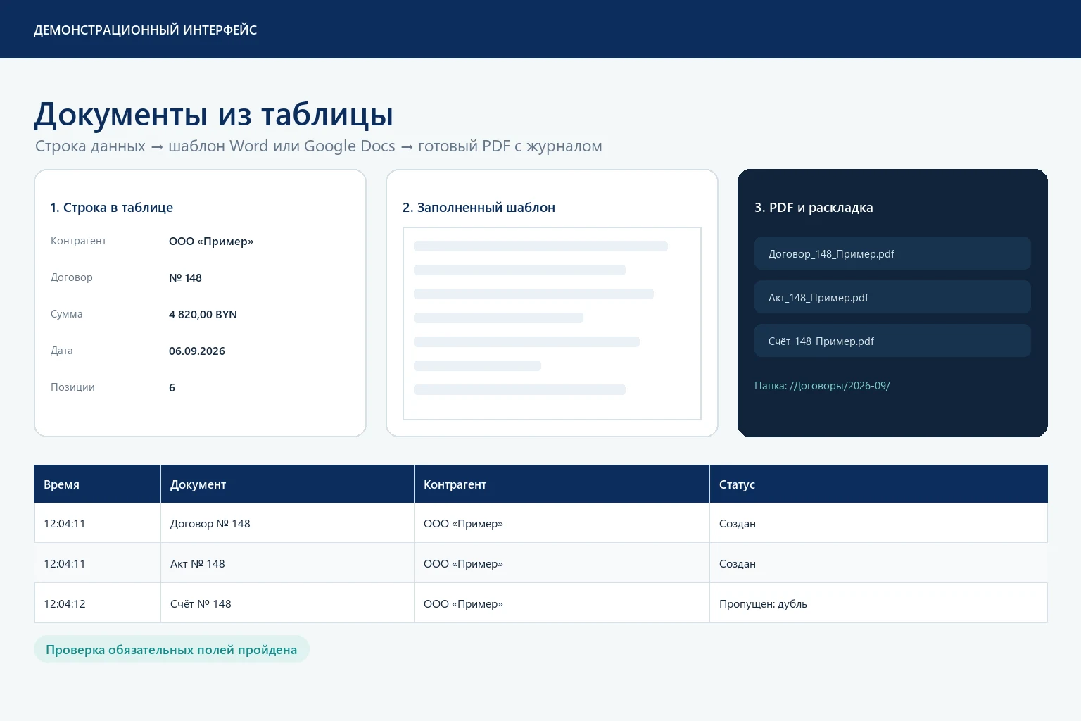 Автосоздание документов: строка таблицы, заполненный шаблон и готовый PDF с журналом